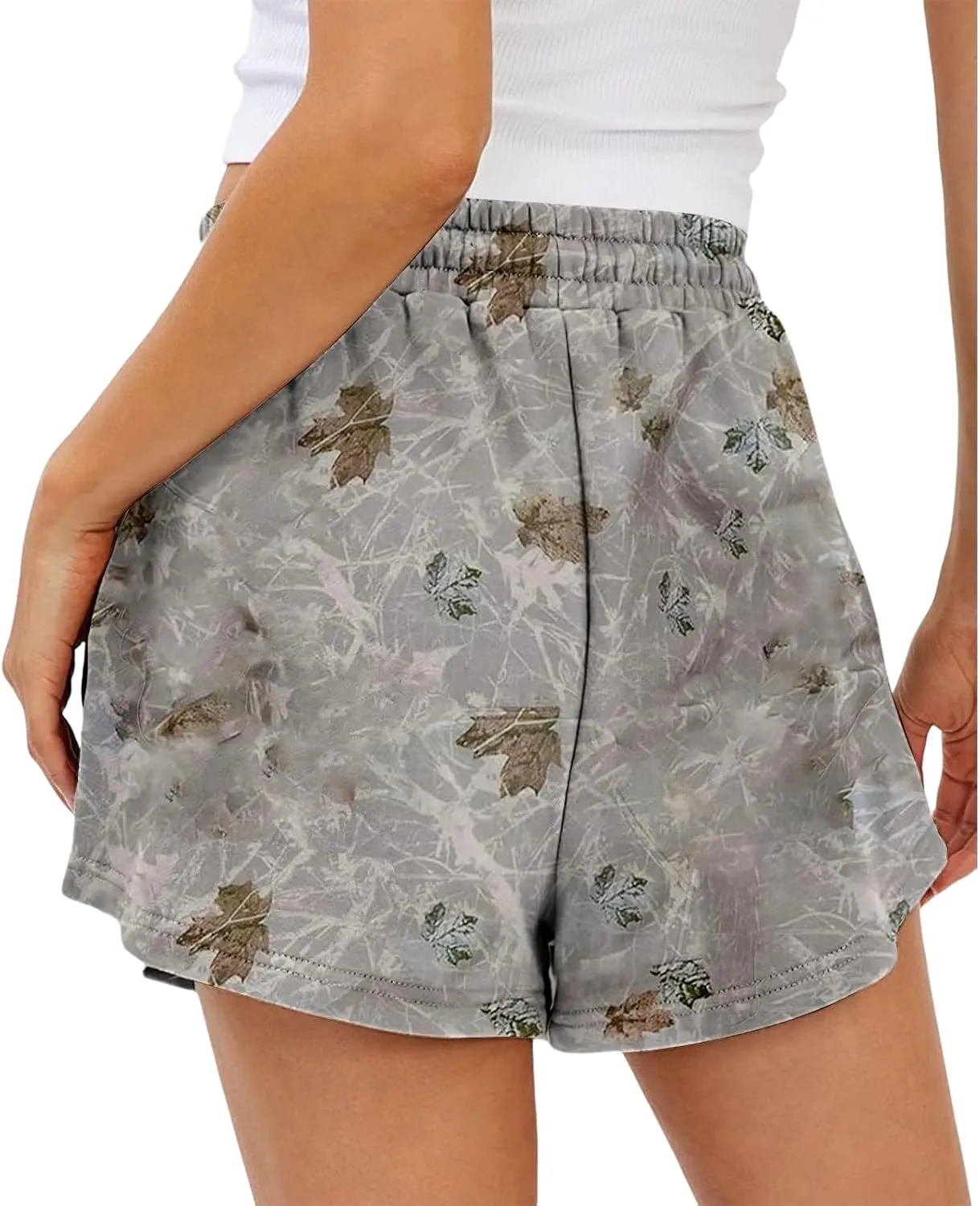Womens Shorts Summer Maple Leaf Print Lounge Pants Floral Drawstring Elastic High Waist Workout Shorts with Pockets
