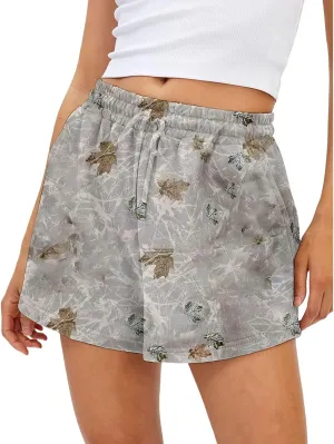 Womens Shorts Summer Maple Leaf Print Lounge Pants Floral Drawstring Elastic High Waist Workout Shorts with Pockets