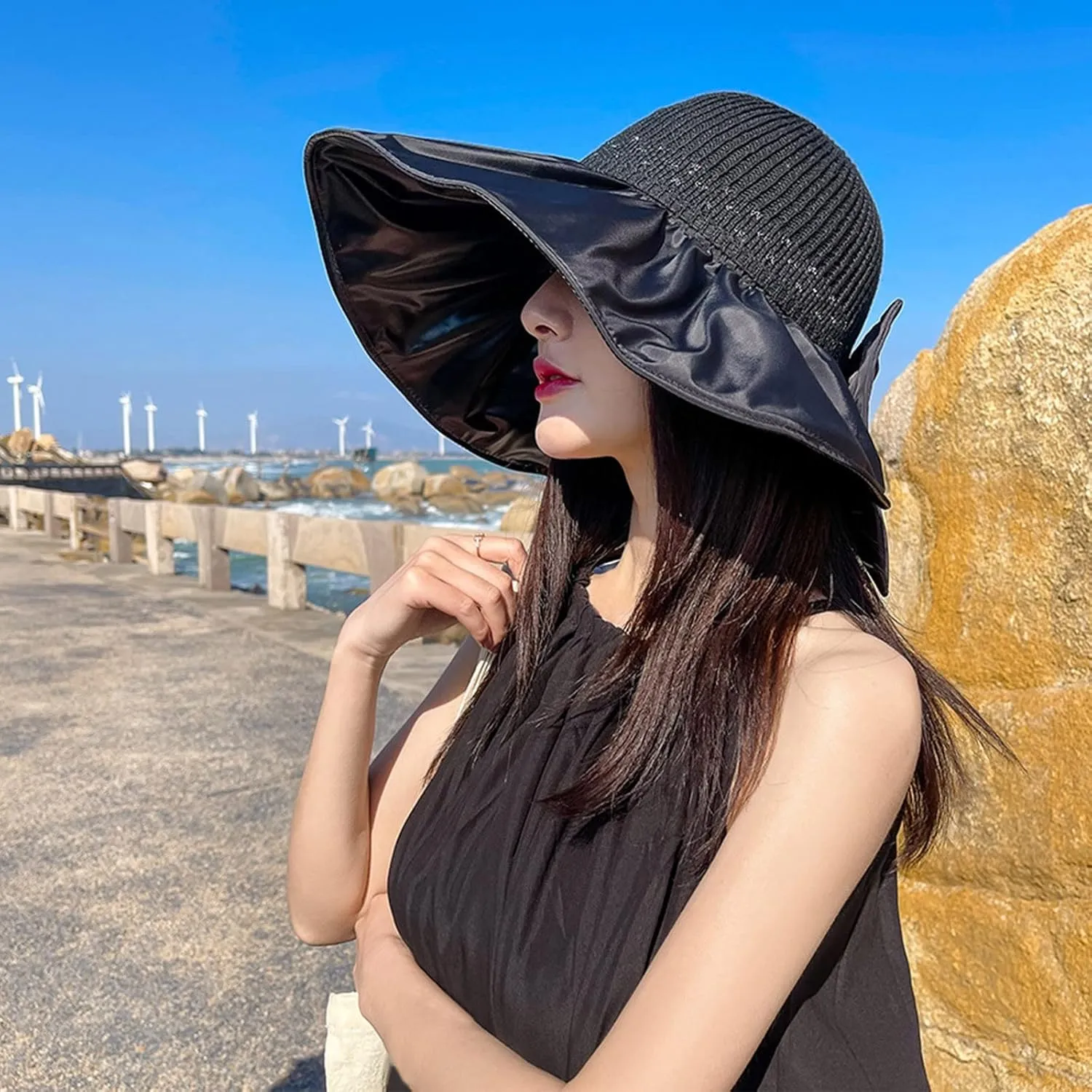 Womens Straw Wide Brim Sun Hats Outdoor Casual Bow Solid Colors Beach Hat Summer Travel Vacation Visor Hat