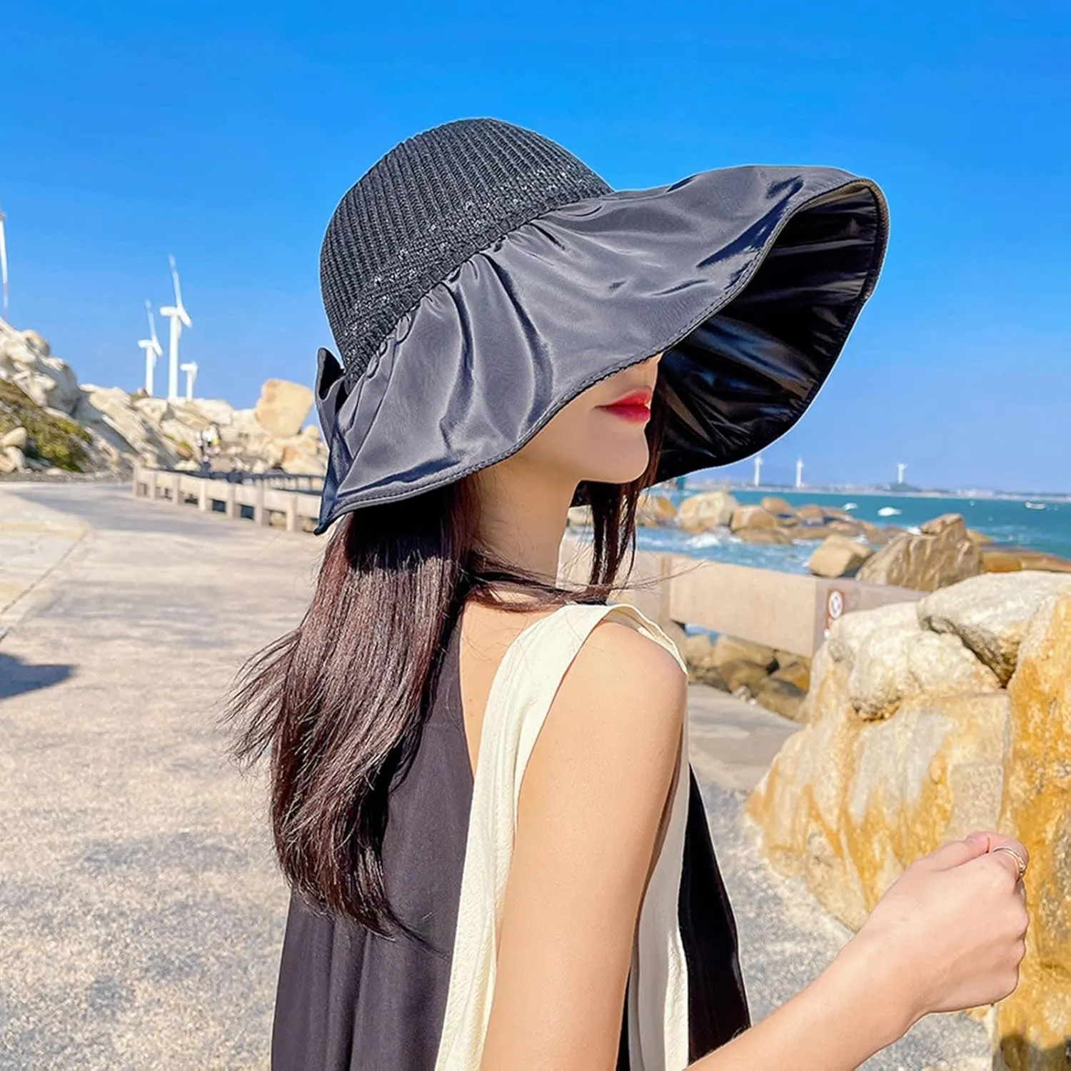 Womens Straw Wide Brim Sun Hats Outdoor Casual Bow Solid Colors Beach Hat Summer Travel Vacation Visor Hat