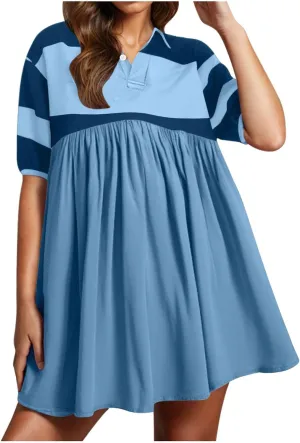 Womens Summer Babydoll Dresses Oversized Casual Short Sleeve Color Block Collared V Neck Flowy Shirt Mini Dress Plus