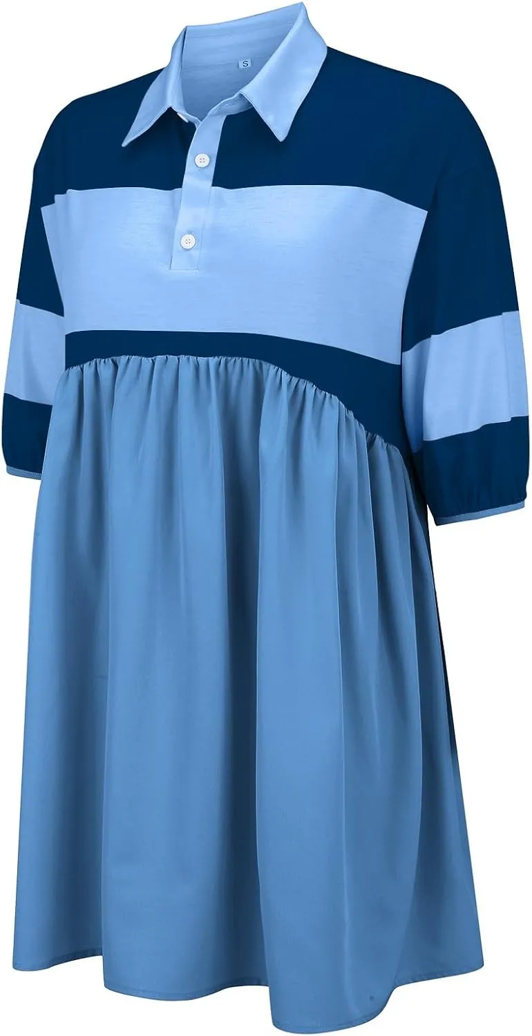 Womens Summer Babydoll Dresses Oversized Casual Short Sleeve Color Block Collared V Neck Flowy Shirt Mini Dress Plus