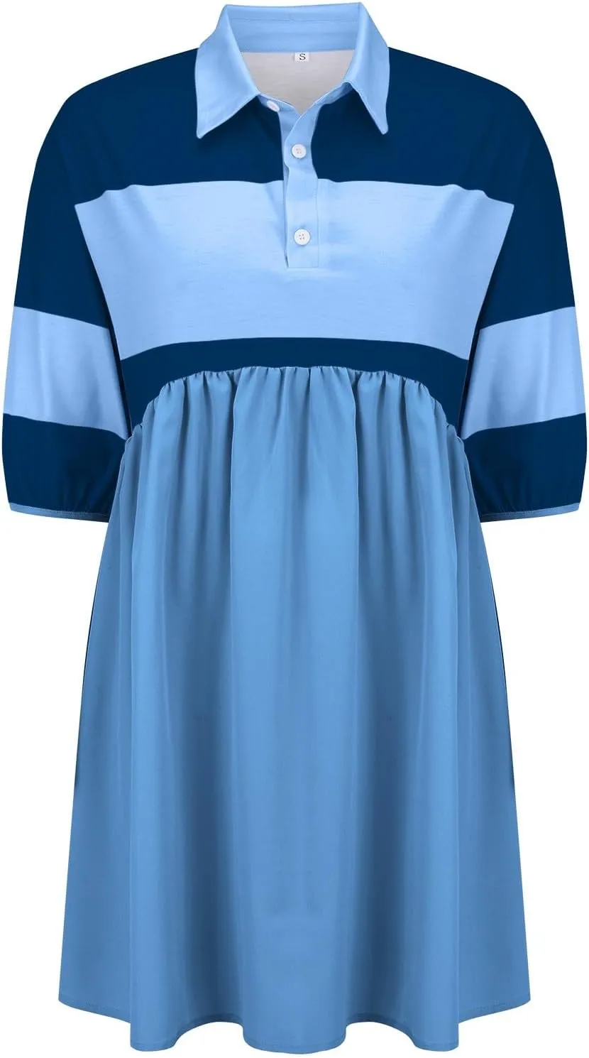 Womens Summer Babydoll Dresses Oversized Casual Short Sleeve Color Block Collared V Neck Flowy Shirt Mini Dress Plus