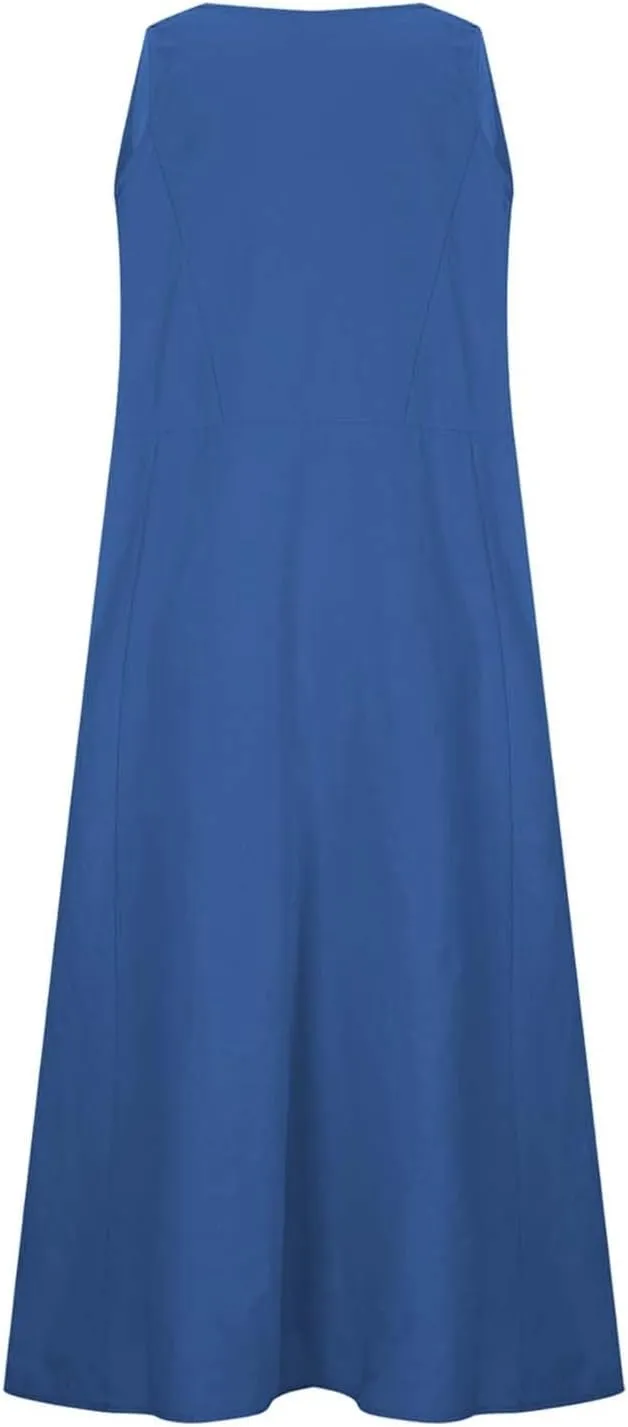 Women's Summer Casual Dress Color Pocket V Neck Sleeveless Casual Dress Square Neck Floral Midi Dresses 2025