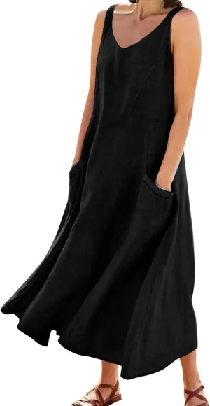Women's Summer Casual Dress Color Pocket V Neck Sleeveless Casual Dress Square Neck Floral Midi Dresses 2025
