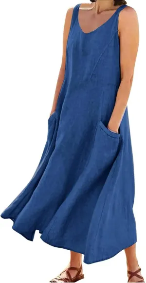 Women's Summer Casual Dress Color Pocket V Neck Sleeveless Casual Dress Square Neck Floral Midi Dresses 2025