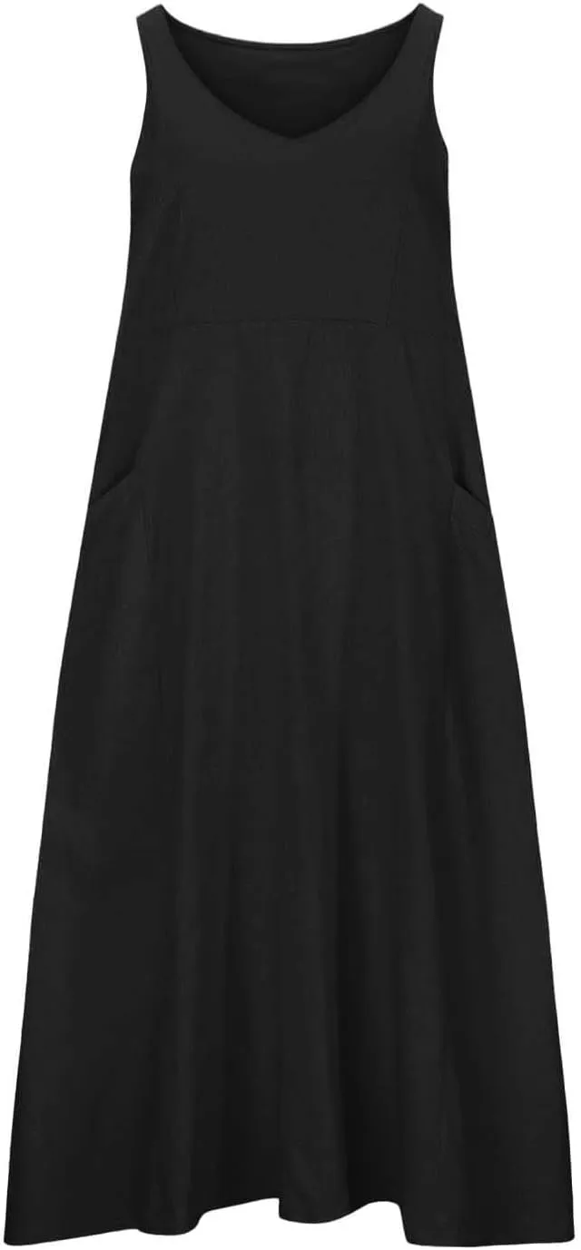 Women's Summer Casual Dress Color Pocket V Neck Sleeveless Casual Dress Square Neck Floral Midi Dresses 2025