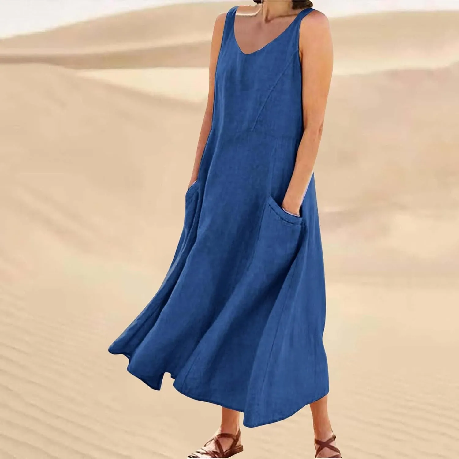 Women's Summer Casual Dress Color Pocket V Neck Sleeveless Casual Dress Square Neck Floral Midi Dresses 2025
