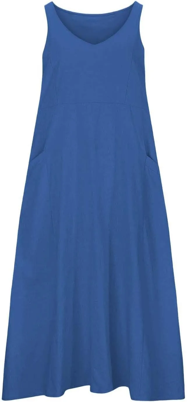 Women's Summer Casual Dress Color Pocket V Neck Sleeveless Casual Dress Square Neck Floral Midi Dresses 2025