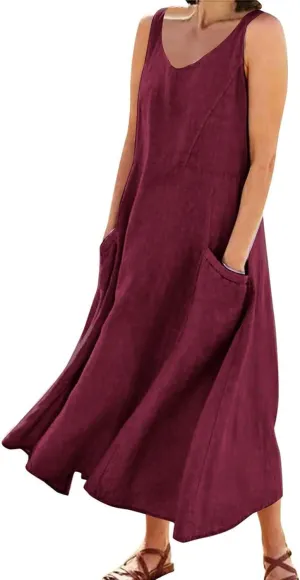 Women's Summer Casual Dress Color Pocket V Neck Sleeveless Casual Dress Square Neck Floral Midi Dresses 2025