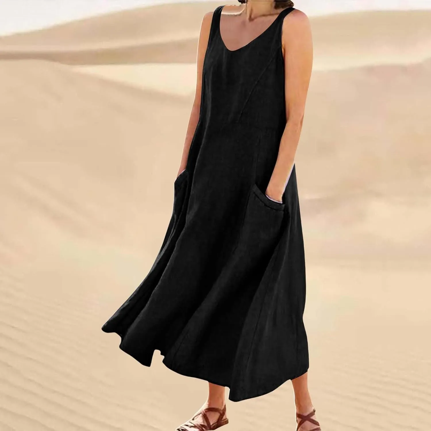 Women's Summer Casual Dress Color Pocket V Neck Sleeveless Casual Dress Square Neck Floral Midi Dresses 2025