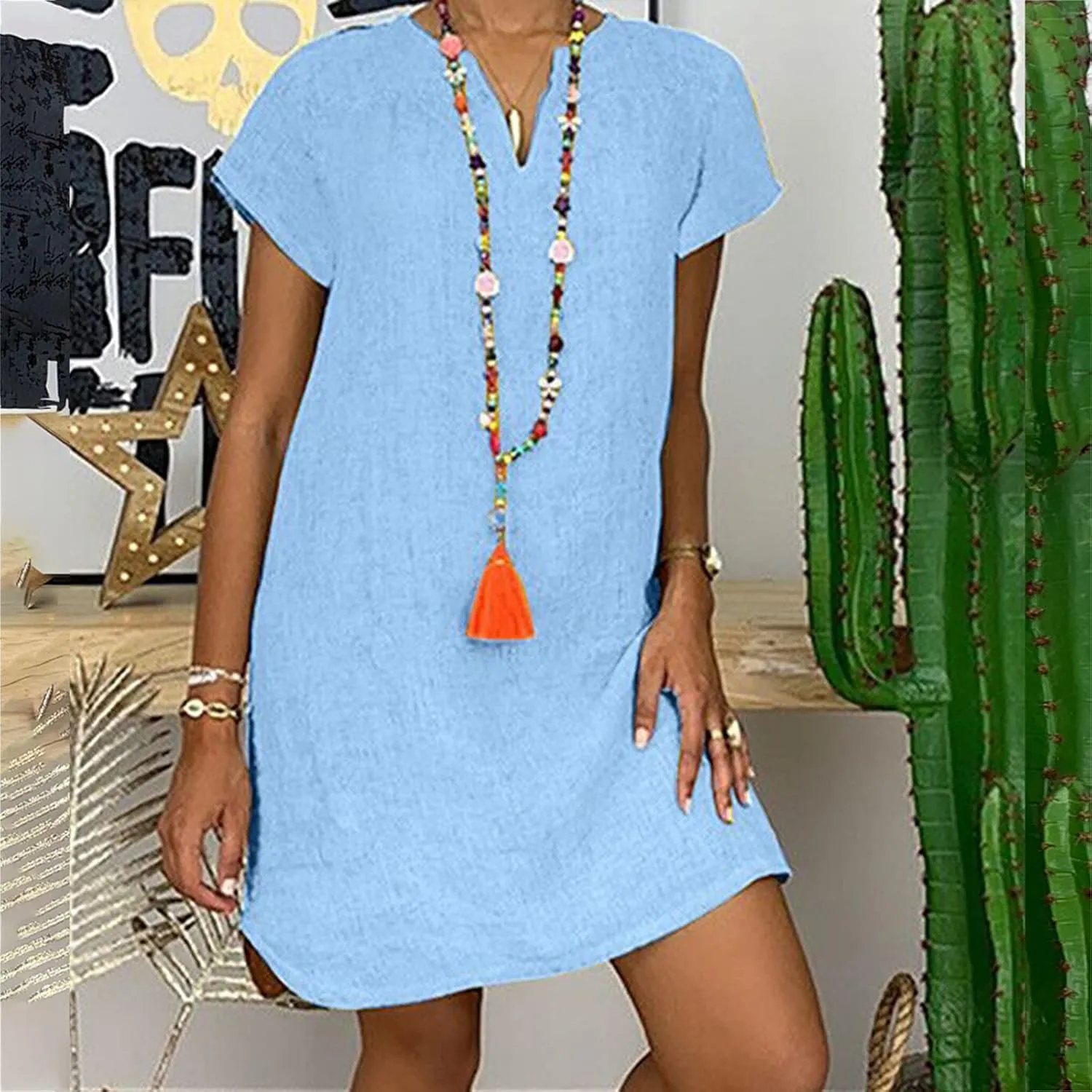 Womens Summer Cotton Linen Dress Sleeveless V Neck Loose Keen Length Long Dresses Comfy Casual Plus Size Maxi Dress