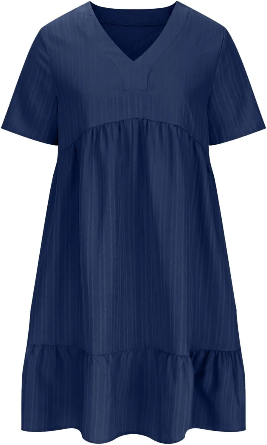 Womens Summer Dress Short Sleeve V Neck Midi Dresses Fashion Casual Fit Flowy Tiered Boho Beach Vacation Sundress