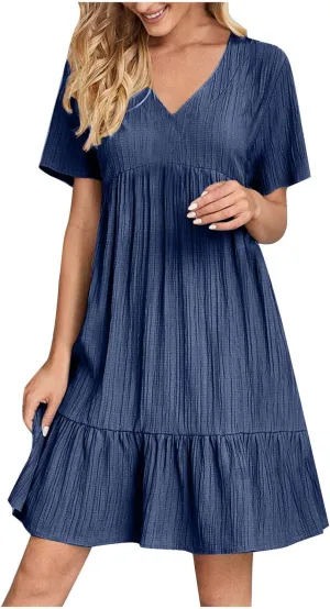 Womens Summer Dress Short Sleeve V Neck Midi Dresses Fashion Casual Fit Flowy Tiered Boho Beach Vacation Sundress
