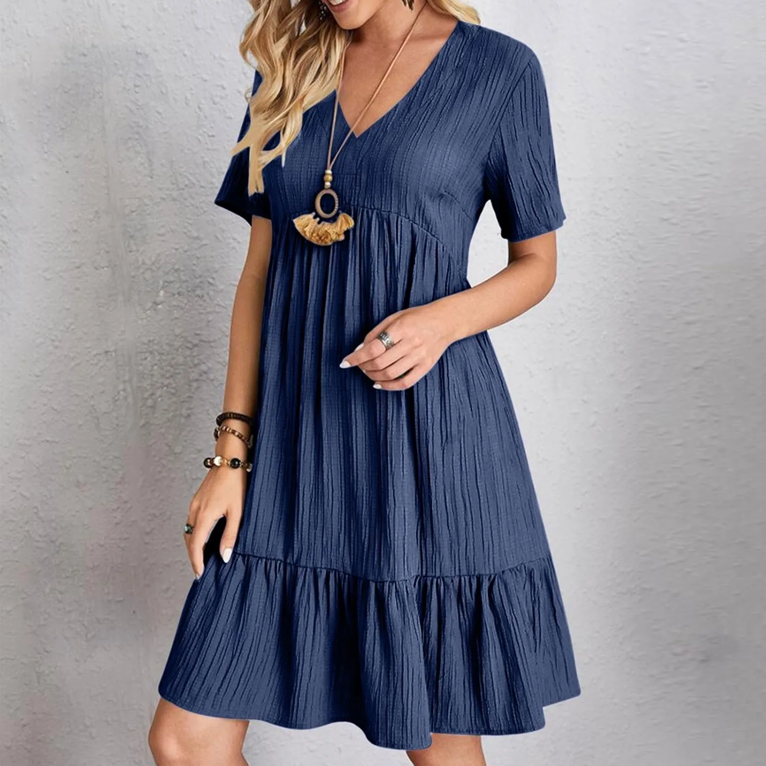 Womens Summer Dress Short Sleeve V Neck Midi Dresses Fashion Casual Fit Flowy Tiered Boho Beach Vacation Sundress