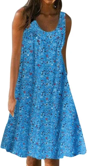 Womens Summer Dresses 2025 Women's Spring/Summer Flower Printed Casual Tank Top Pockets Beach Casual Dress 100