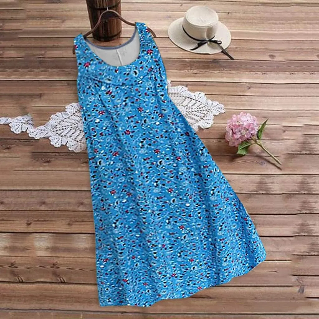 Womens Summer Dresses 2025 Women's Spring/Summer Flower Printed Casual Tank Top Pockets Beach Casual Dress 100