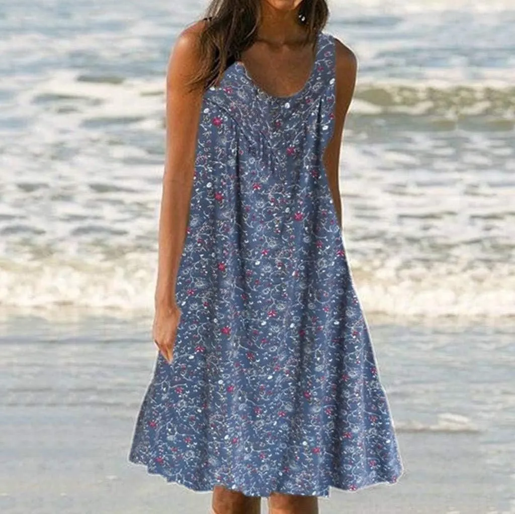 Womens Summer Dresses 2025 Women's Spring/Summer Flower Printed Casual Tank Top Pockets Beach Casual Dress 100