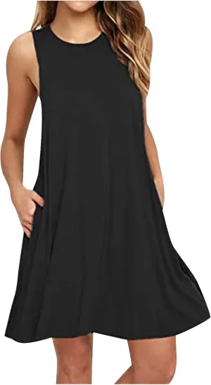 Womens Summer Dresses 2025 Women's Spring/Summer Flower Printed Casual Tank Top Pockets Beach Casual Dress 100