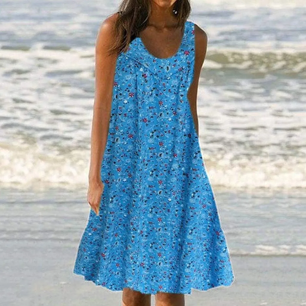 Womens Summer Dresses 2025 Women's Spring/Summer Flower Printed Casual Tank Top Pockets Beach Casual Dress 100