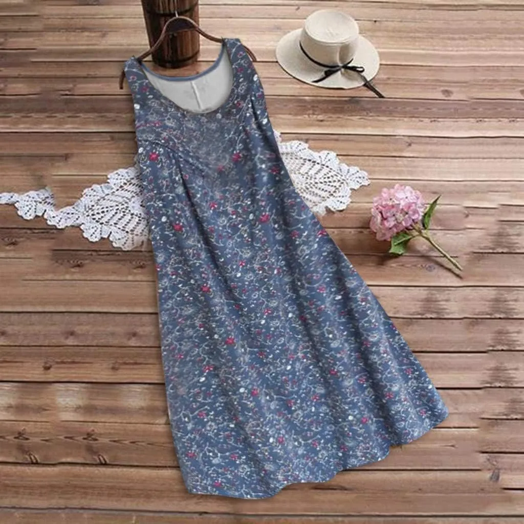 Womens Summer Dresses 2025 Women's Spring/Summer Flower Printed Casual Tank Top Pockets Beach Casual Dress 100