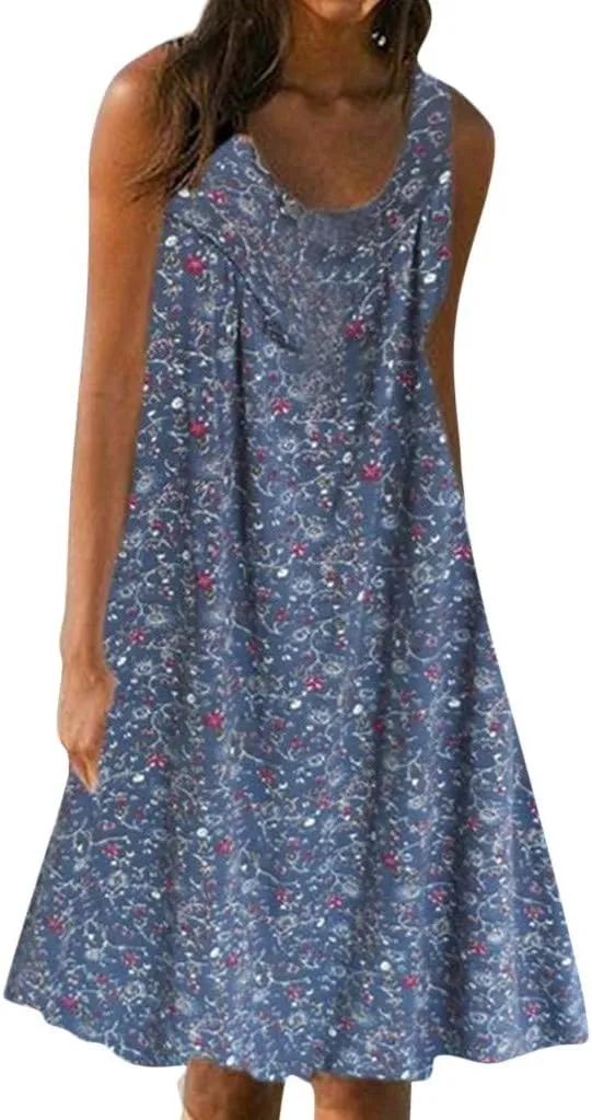Womens Summer Dresses 2025 Women's Spring/Summer Flower Printed Casual Tank Top Pockets Beach Casual Dress 100