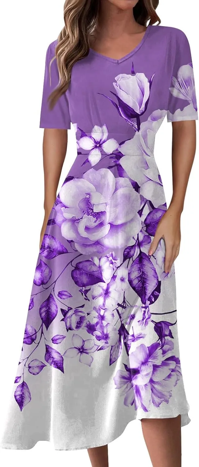 Womens Summer Dresses Summer Aline V Neck Short Sleeve Dress Casual Beach Midi Dresses Solid Color Flowy Tshirt Dress