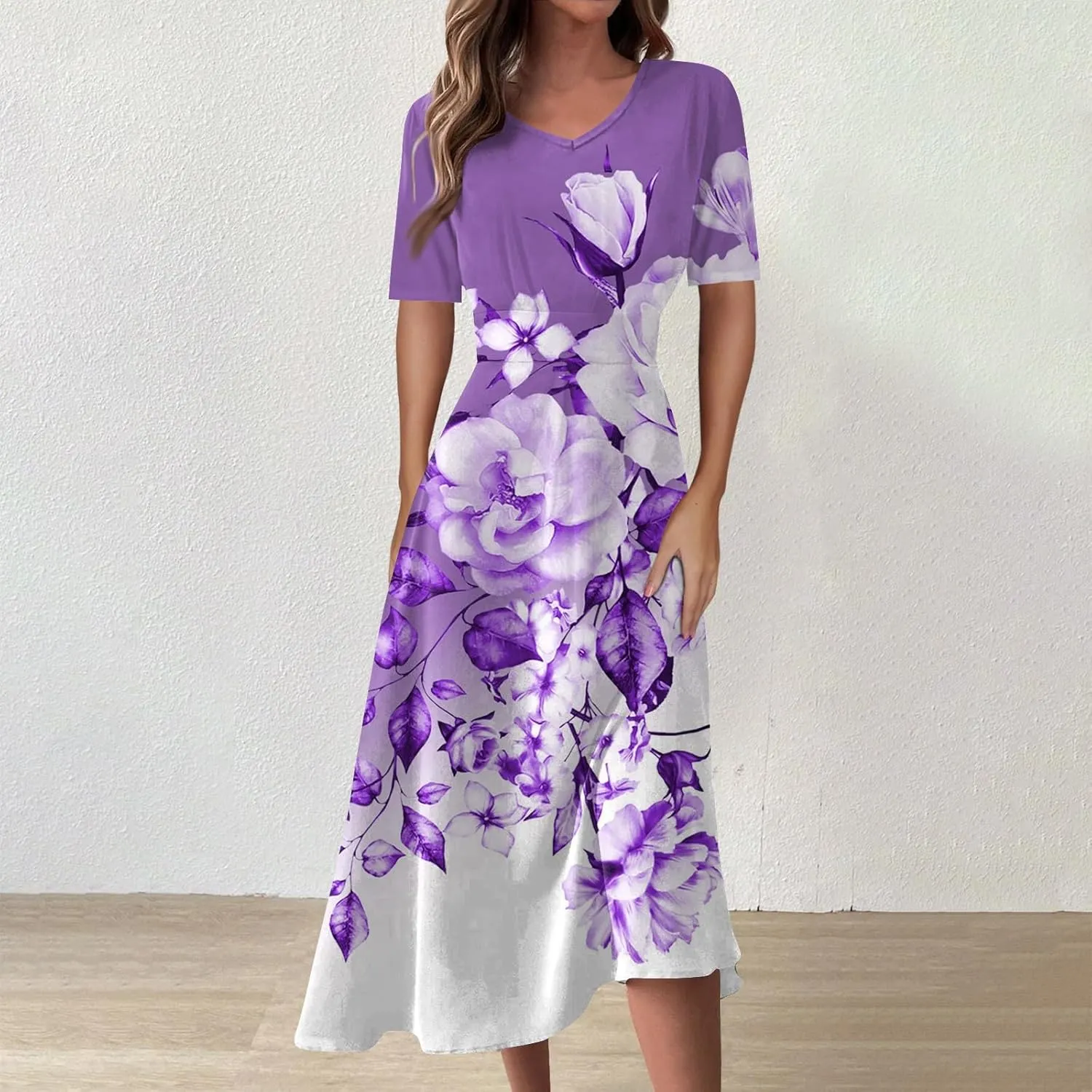 Womens Summer Dresses Summer Aline V Neck Short Sleeve Dress Casual Beach Midi Dresses Solid Color Flowy Tshirt Dress