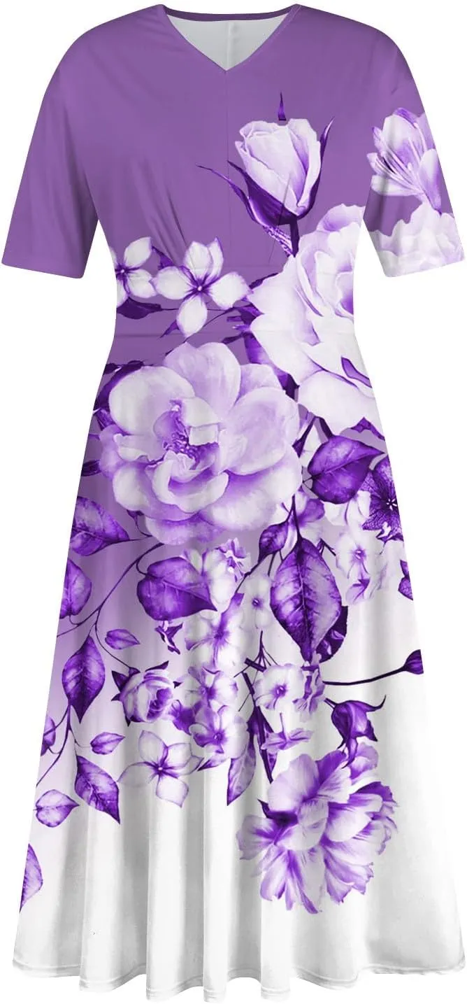 Womens Summer Dresses Summer Aline V Neck Short Sleeve Dress Casual Beach Midi Dresses Solid Color Flowy Tshirt Dress