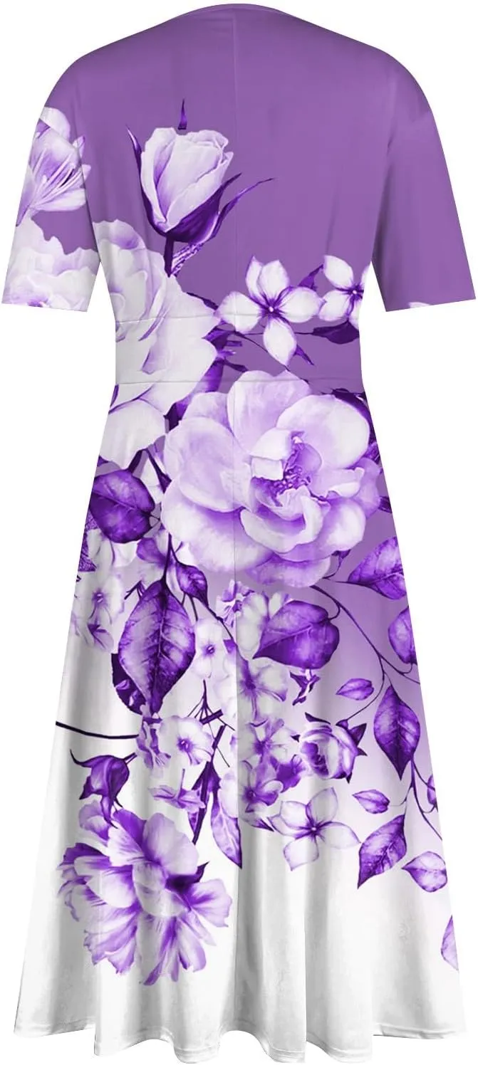 Womens Summer Dresses Summer Aline V Neck Short Sleeve Dress Casual Beach Midi Dresses Solid Color Flowy Tshirt Dress