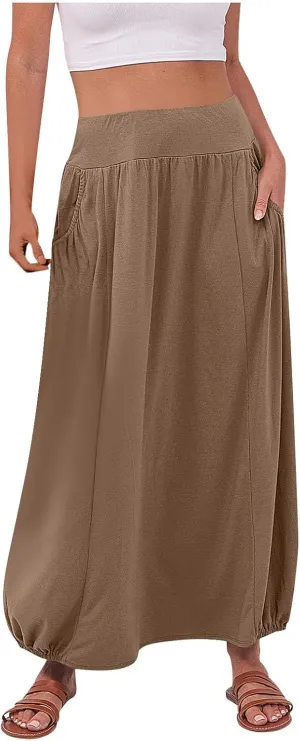 Women's Summer Maxi Skirts 2025 Trendy Solid High Waisted Ankle Length Skirt Casual Flowy Ruffle Hem Balloon Skirts