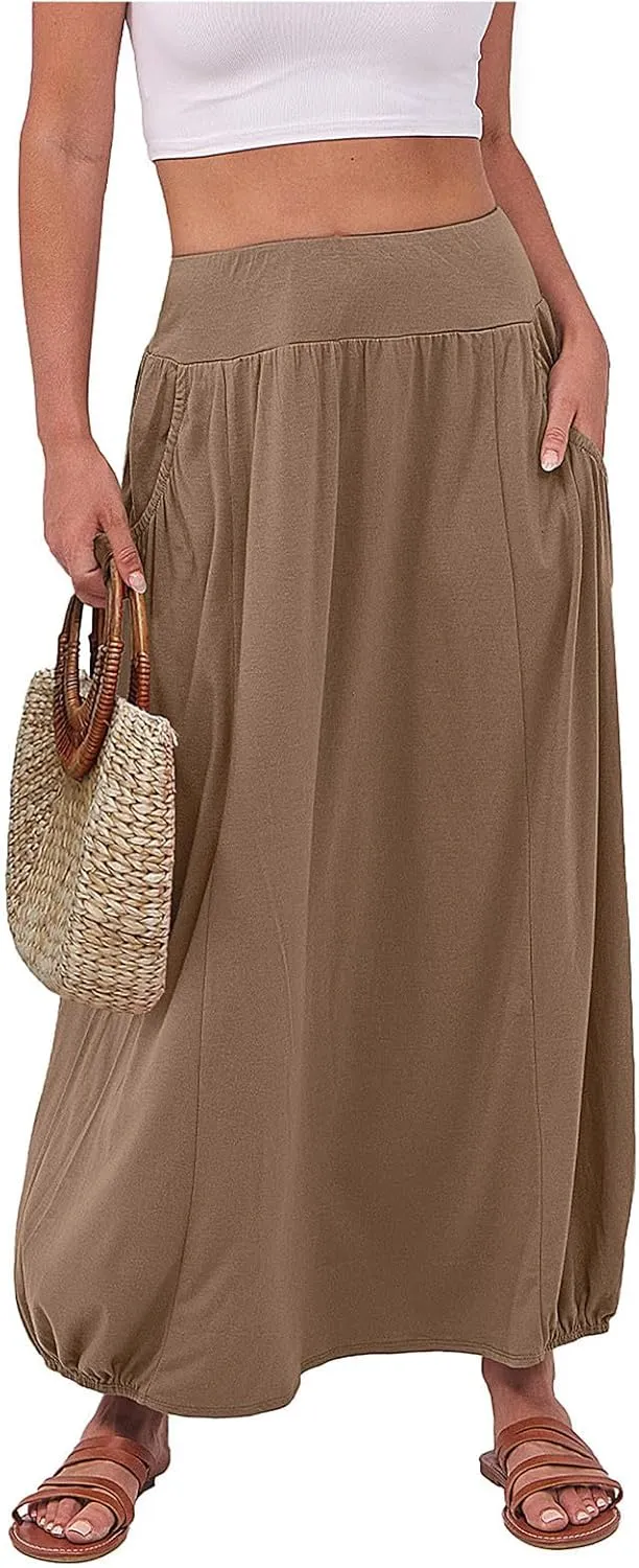 Women's Summer Maxi Skirts 2025 Trendy Solid High Waisted Ankle Length Skirt Casual Flowy Ruffle Hem Balloon Skirts