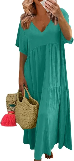 Women's Summer Short Sleeve Maxi Dress 2025 Casual Loose V Neck High Waist A-Line Flowy Swing Tiered Boho Dresses