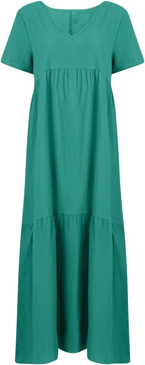 Women's Summer Short Sleeve Maxi Dress 2025 Casual Loose V Neck High Waist A-Line Flowy Swing Tiered Boho Dresses