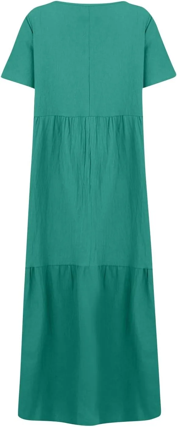 Women's Summer Short Sleeve Maxi Dress 2025 Casual Loose V Neck High Waist A-Line Flowy Swing Tiered Boho Dresses