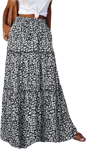 Women's Summer Skirts 2025 Loose Trendy Elastic High Waist Floral Print Boho Sun Beach Long Maxi Skirt, S-2XL