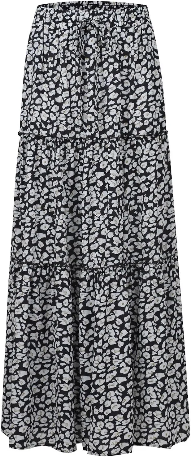 Women's Summer Skirts 2025 Loose Trendy Elastic High Waist Floral Print Boho Sun Beach Long Maxi Skirt, S-2XL