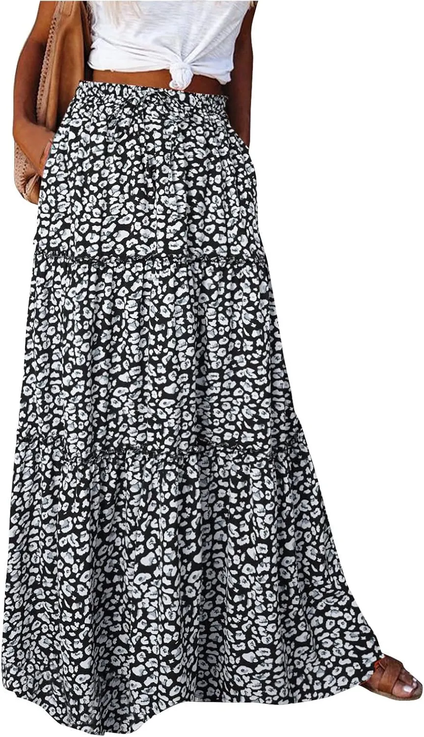 Women's Summer Skirts 2025 Loose Trendy Elastic High Waist Floral Print Boho Sun Beach Long Maxi Skirt, S-2XL
