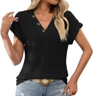 Women's Summer V-Neck Button Detail Loose Casual Tops T-Shirts for Women Blouse Tees Relaxed Comfort Daily Outfit