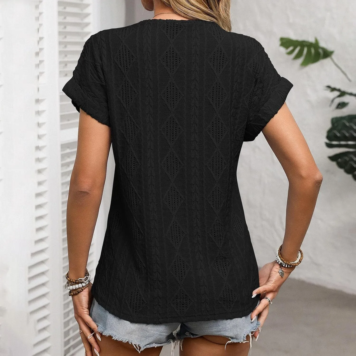 Women's Summer V-Neck Button Detail Loose Casual Tops T-Shirts for Women Blouse Tees Relaxed Comfort Daily Outfit