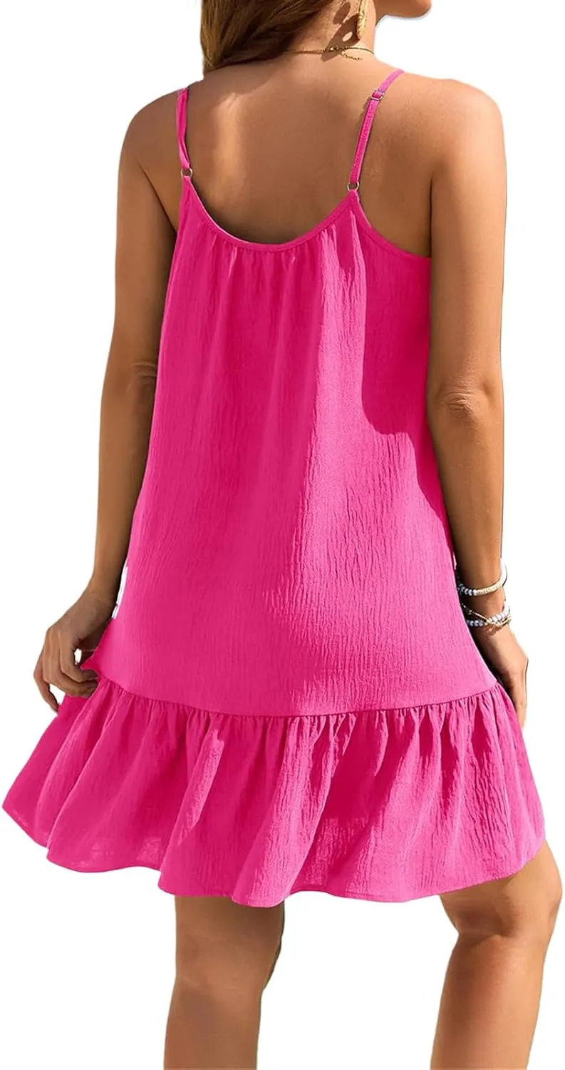 Womens Swimsuit Cover Up Spaghetti Straps Beach Mini Dress Ruffle Hem Tank Dresses Summer Vacation Sundress 2025