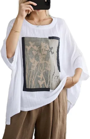 Womens Tops Oversized T Shirts, Summer Casual Batwing Sleeve Linen Tops, Vintage Floral Print Crew Neck Outfits