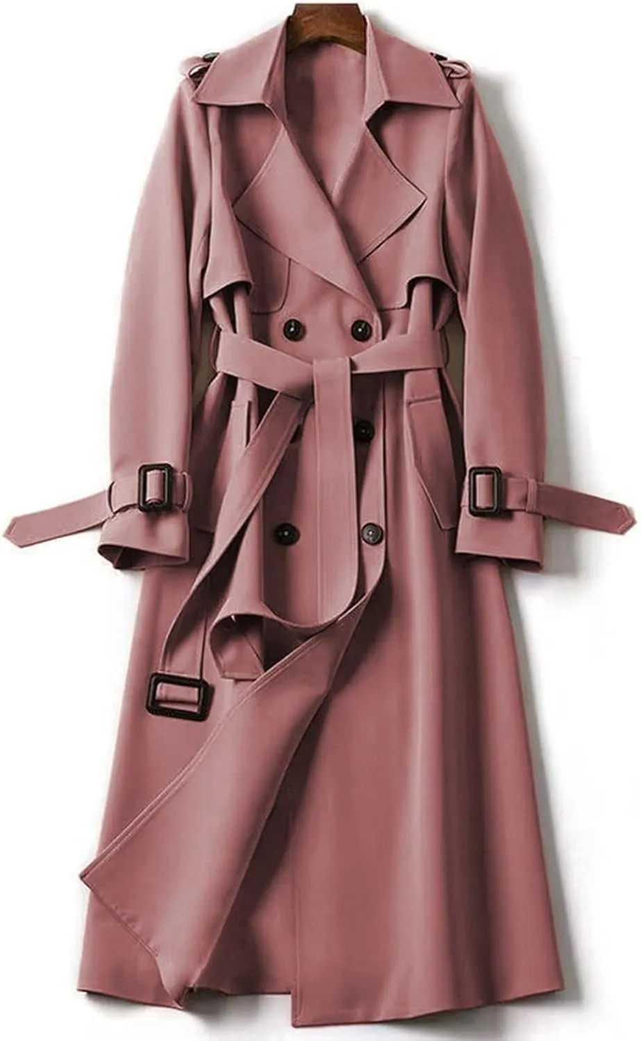 Women's Trench Coat Long Double Breasted Jacket Classic Elegant Windproof Lapel Overcoat with Belt Fall Winter Outwear