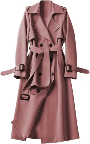 Women's Trench Coat Long Double Breasted Jacket Classic Elegant Windproof Lapel Overcoat with Belt Fall Winter Outwear