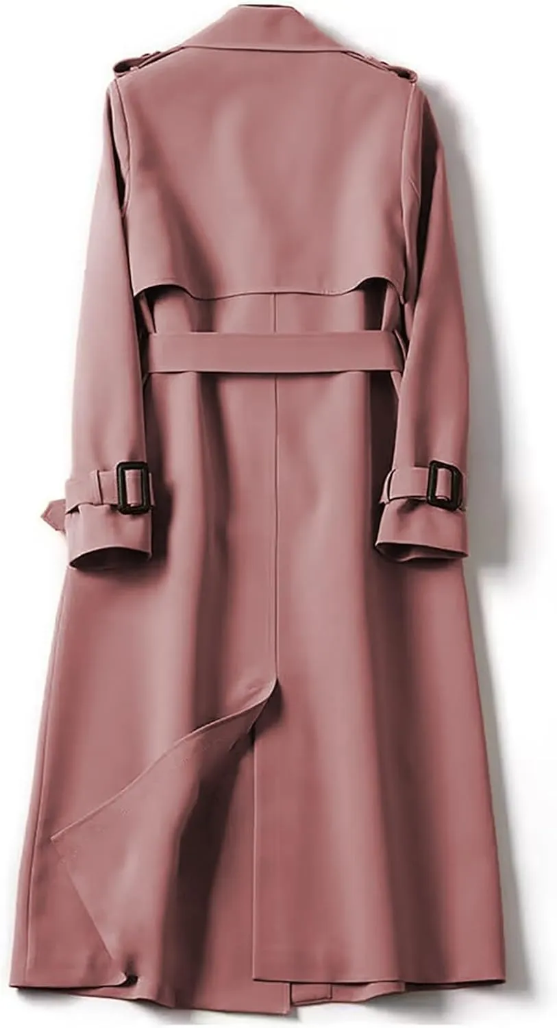 Women's Trench Coat Long Double Breasted Jacket Classic Elegant Windproof Lapel Overcoat with Belt Fall Winter Outwear