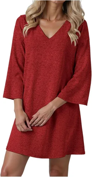 Womens Tunic Dress Long Sleeve V Neck Casual Loose Flowy Swing Shift Dresses Summer Casual Vacation Beach Sundress