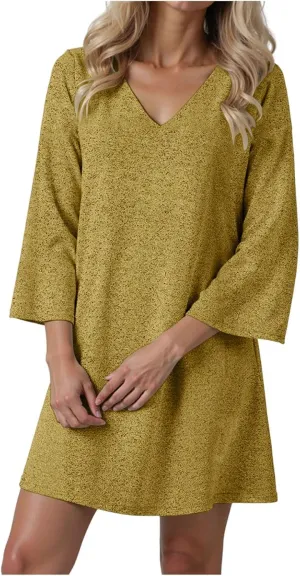 Womens Tunic Dress Long Sleeve V Neck Casual Loose Flowy Swing Shift Dresses Summer Casual Vacation Beach Sundress