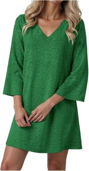 Womens Tunic Dress Long Sleeve V Neck Casual Loose Flowy Swing Shift Dresses Summer Casual Vacation Beach Sundress