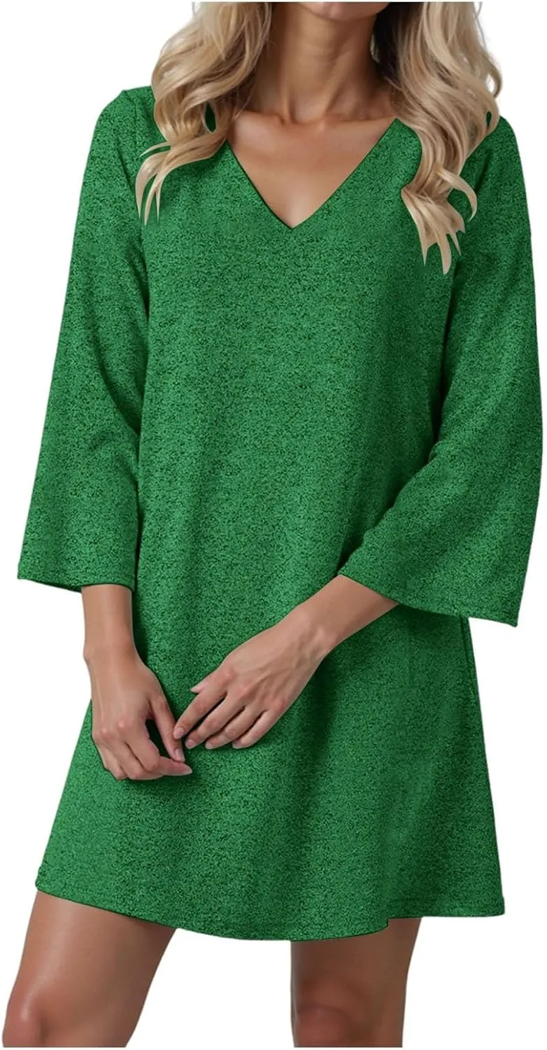 Womens Tunic Dress Long Sleeve V Neck Casual Loose Flowy Swing Shift Dresses Summer Casual Vacation Beach Sundress