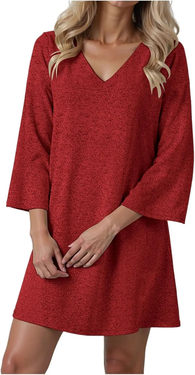 Womens Tunic Dress Long Sleeve V Neck Casual Loose Flowy Swing Shift Dresses Summer Casual Vacation Beach Sundress
